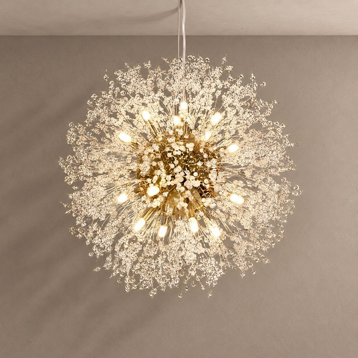 DANDELION chandelier on mushroom taupe with soft natural shadows