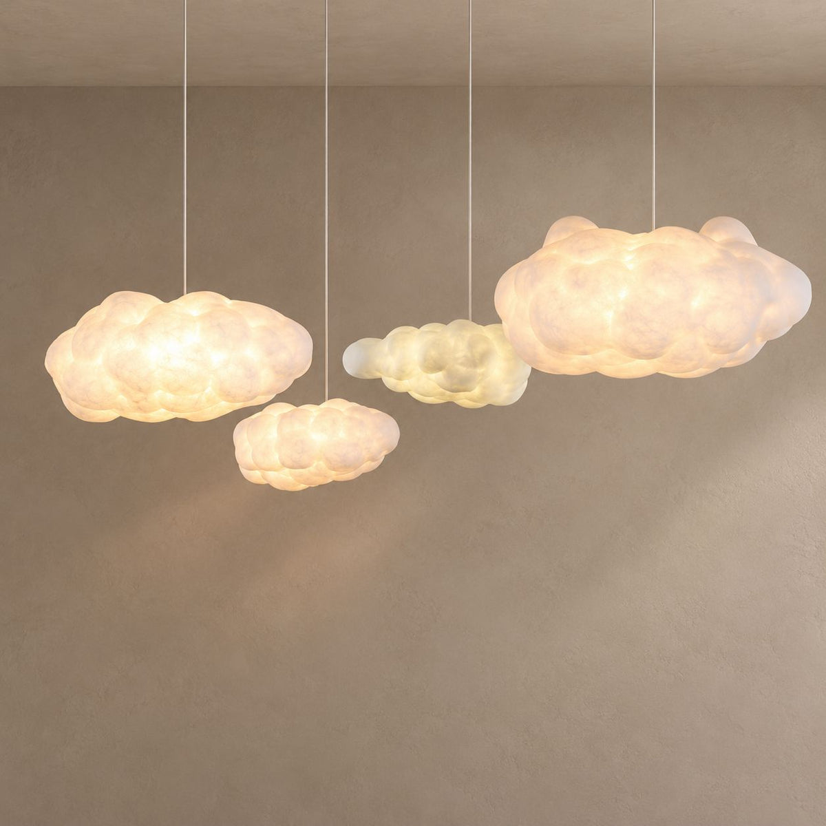 DELIA four cloud pendants on mushroom taupe background