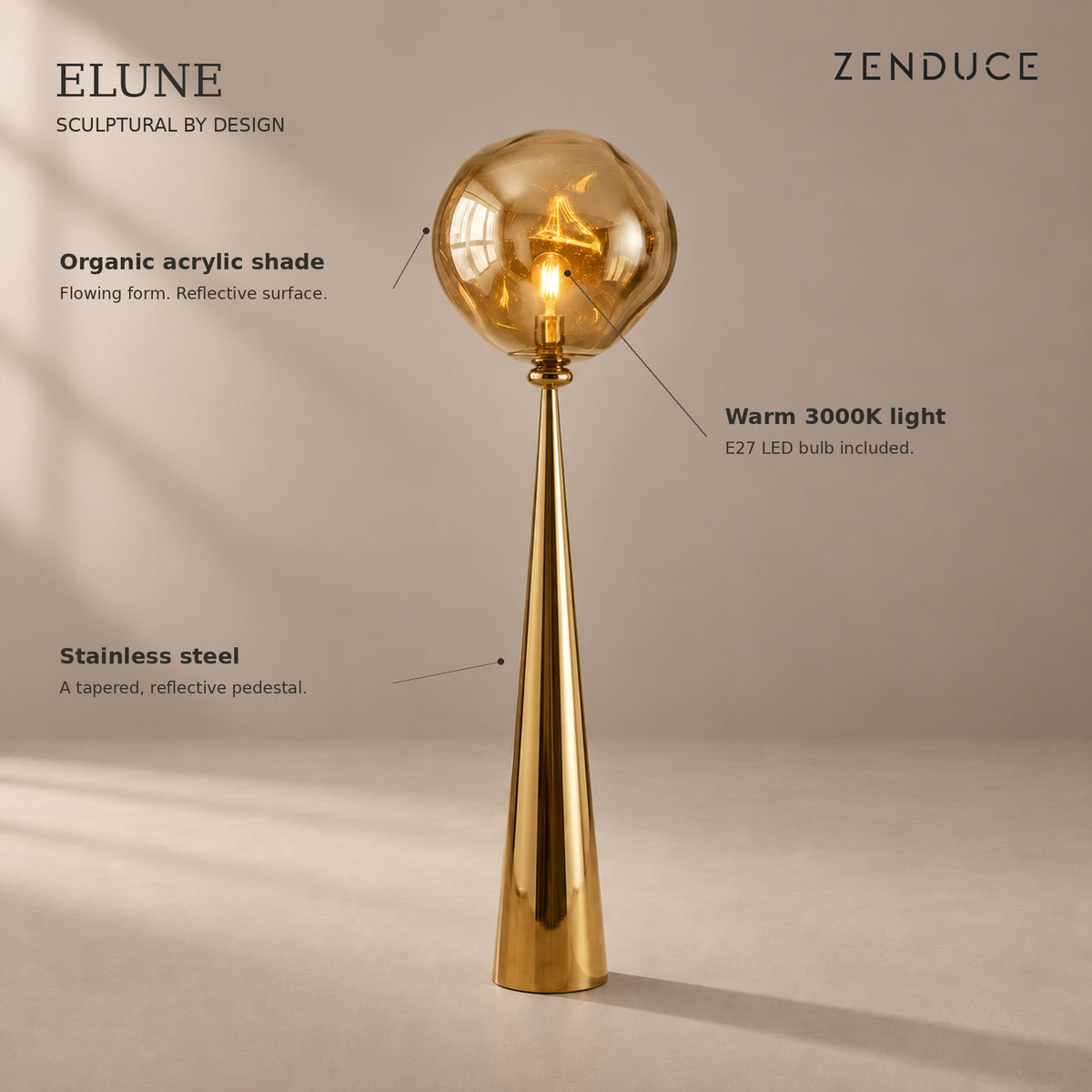 ELUNE Gold floor lamp features: sculptural acrylic shade, warm 3000K light and stainless steel pedestal