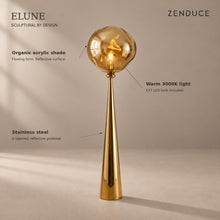 ELUNE Gold floor lamp features: sculptural acrylic shade, warm 3000K light and stainless steel pedestal