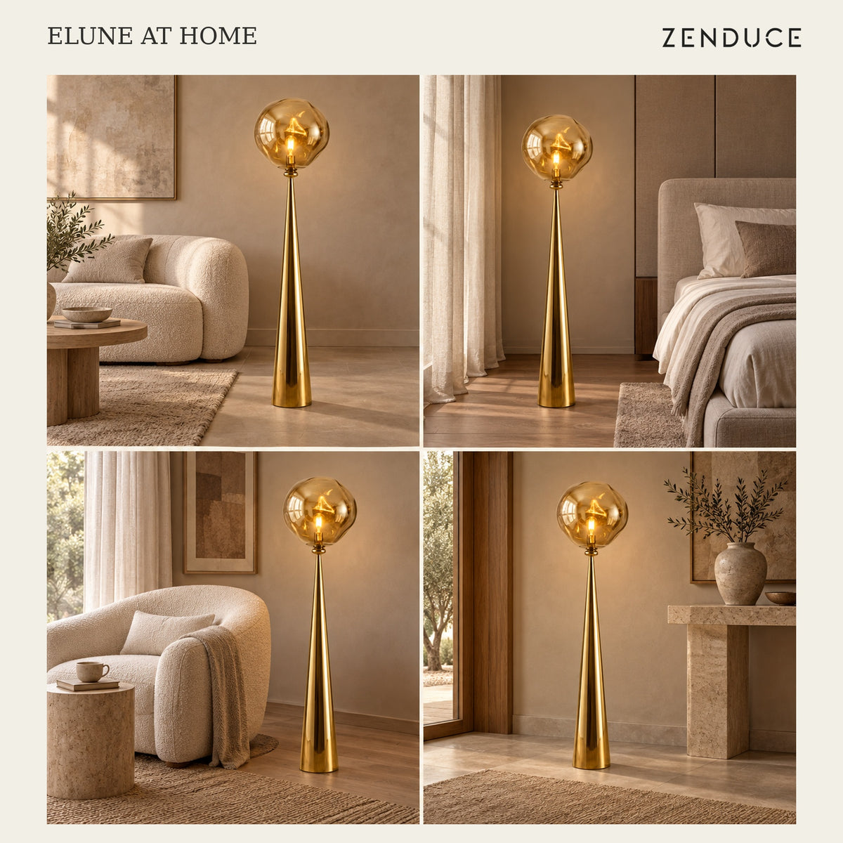 ELUNE Gold floor lamp visualized in a living room, bedroom, reading nook and entry lounge