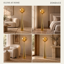 ELUNE Gold floor lamp visualized in a living room, bedroom, reading nook and entry lounge