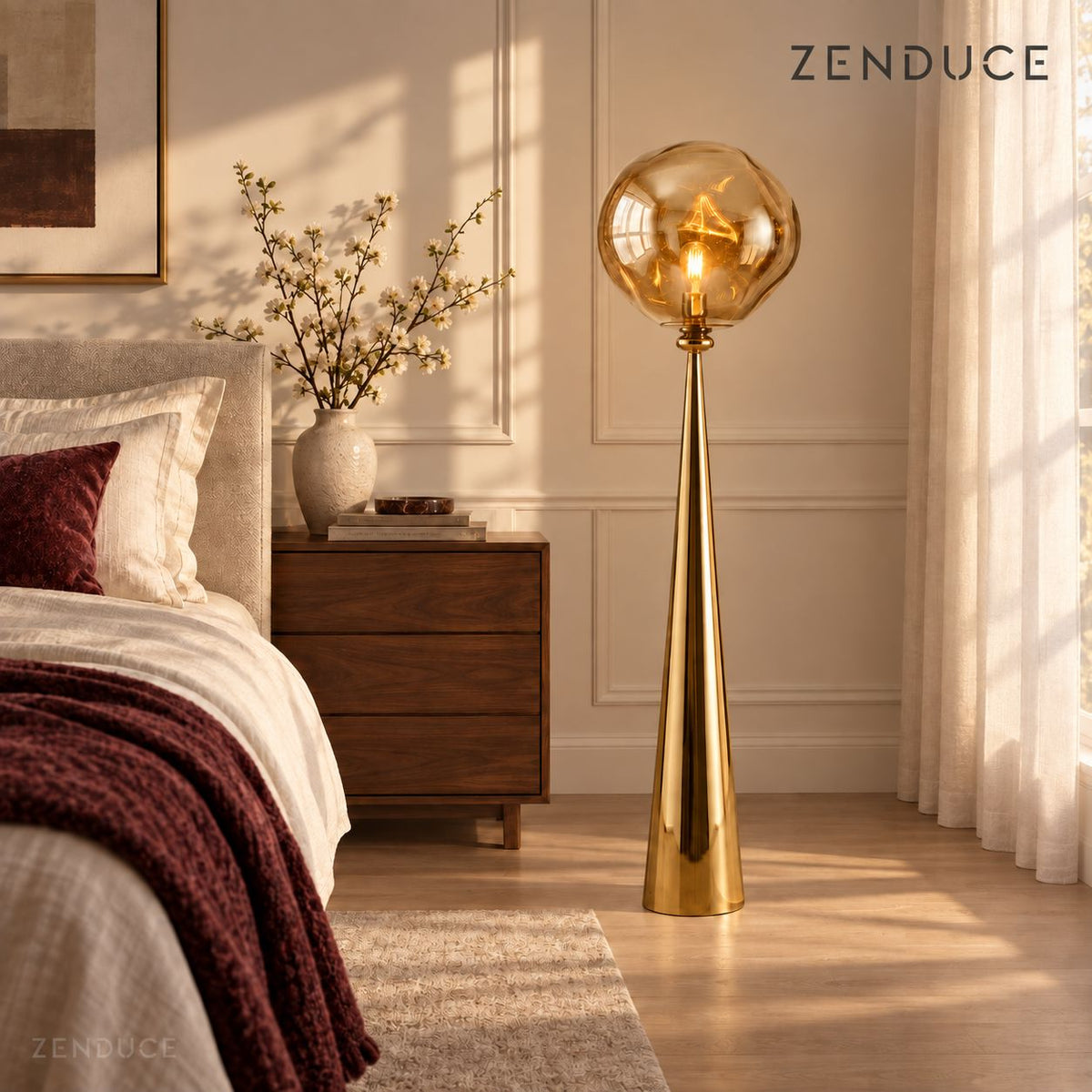 LAVA FLOOR Gold floor lamp visualized beside a walnut nightstand in a warm paneled bedroom