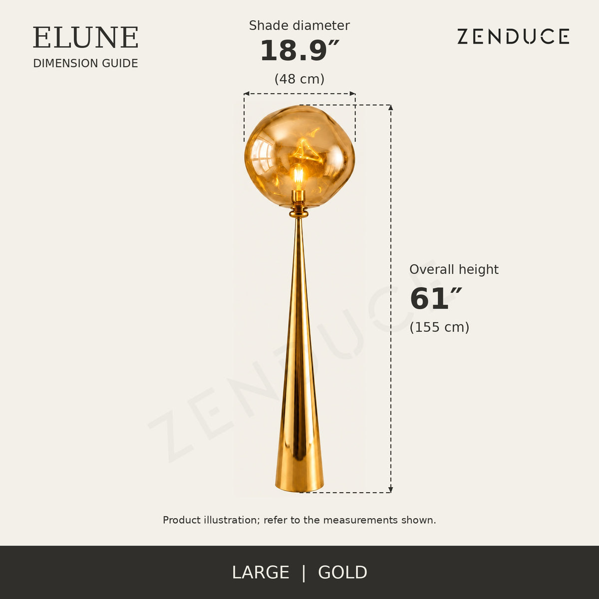 ELUNE Large Gold dimension guide showing 18.9-inch diameter and 61-inch overall height