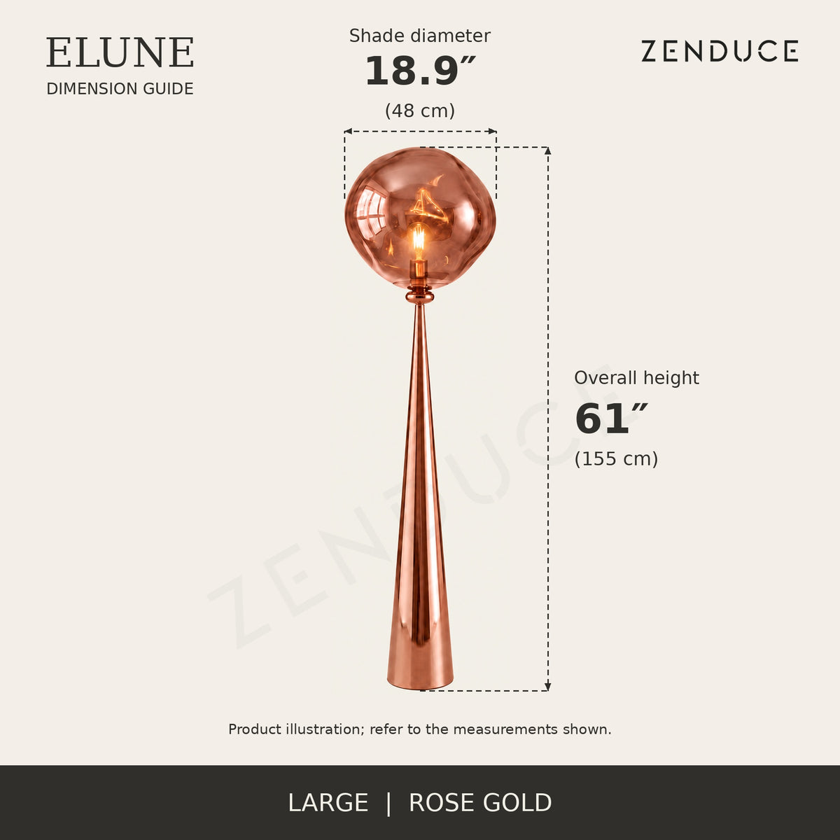 ELUNE Large Rose Gold dimension guide showing 18.9-inch diameter and 61-inch overall height