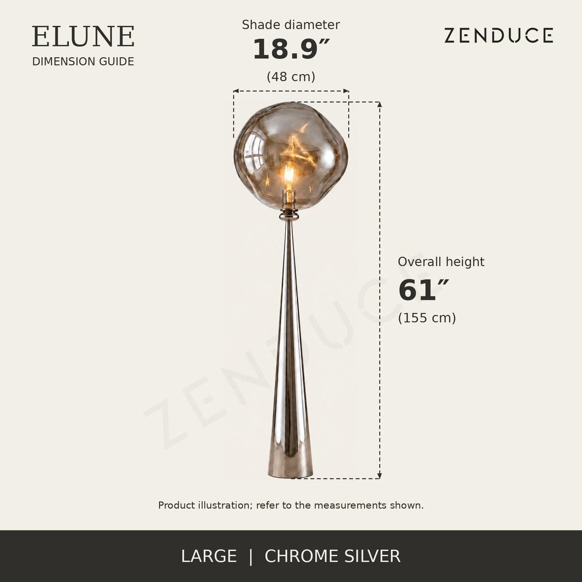 ELUNE Large Chrome Silver dimension guide showing 18.9-inch diameter and 61-inch overall height