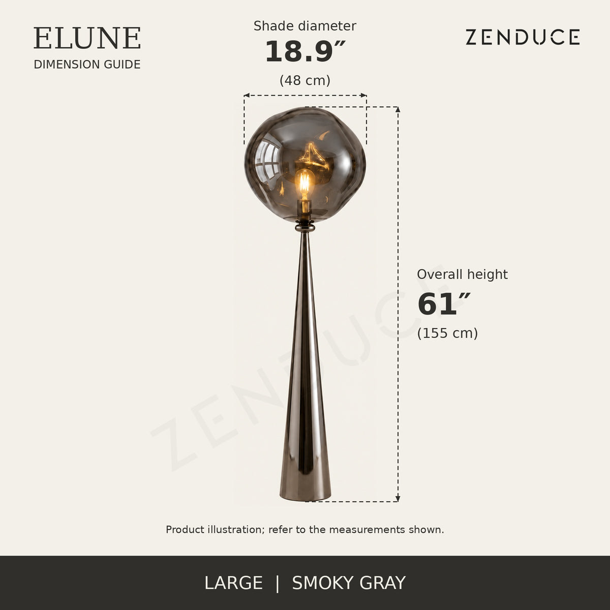 ELUNE Large Smoky Gray dimension guide showing 18.9-inch diameter and 61-inch overall height
