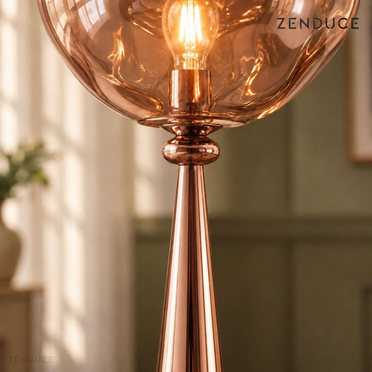 LAVA FLOOR Rose Gold close-up showing the lower acrylic shade, rounded metal collar and tapered pedestal