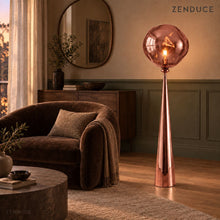 LAVA FLOOR Rose Gold floor lamp visualized in a warm lounge with walnut furniture and olive wall paneling