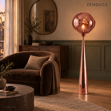 ELUNE Rose Gold floor lamp visualized in a warm lounge with walnut furniture and olive wall paneling