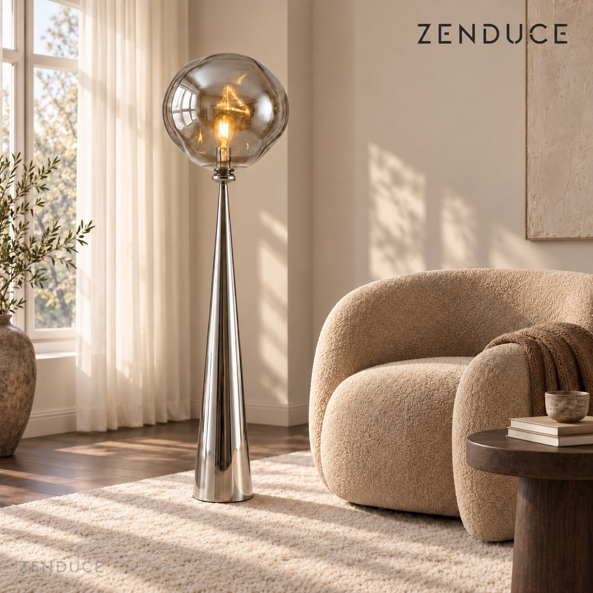 ELUNE Chrome Silver floor lamp visualized beside a boucle armchair in a bright reading nook
