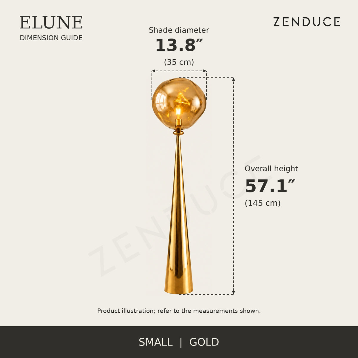 ELUNE Small Gold dimension guide showing 13.8-inch diameter and 57.1-inch overall height