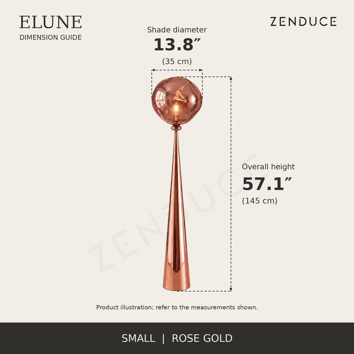 ELUNE Small Rose Gold dimension guide showing 13.8-inch diameter and 57.1-inch overall height