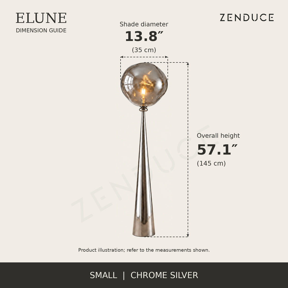 ELUNE Small Chrome Silver dimension guide showing 13.8-inch diameter and 57.1-inch overall height