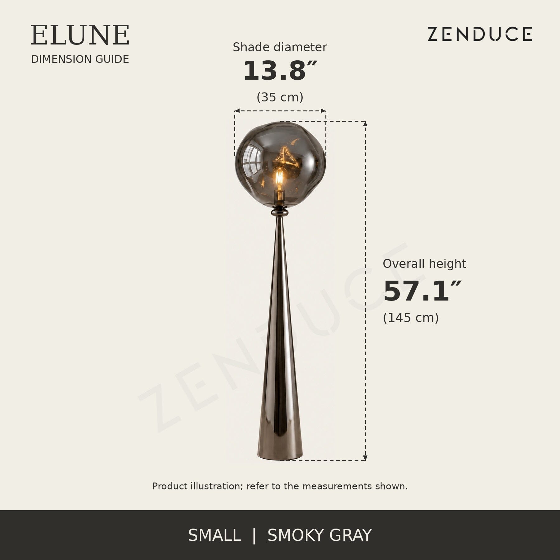 ELUNE Small Smoky Gray dimension guide showing 13.8-inch diameter and 57.1-inch overall height