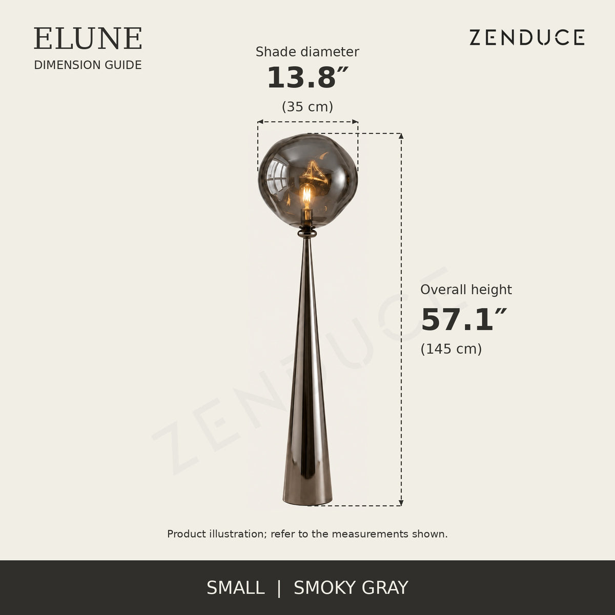 ELUNE Small Smoky Gray dimension guide showing 13.8-inch diameter and 57.1-inch overall height