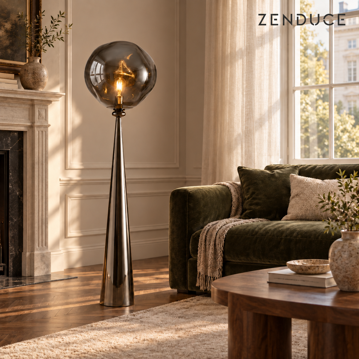 ELUNE Smoky Gray floor lamp visualized beside an olive velvet sofa in a sunlit living room