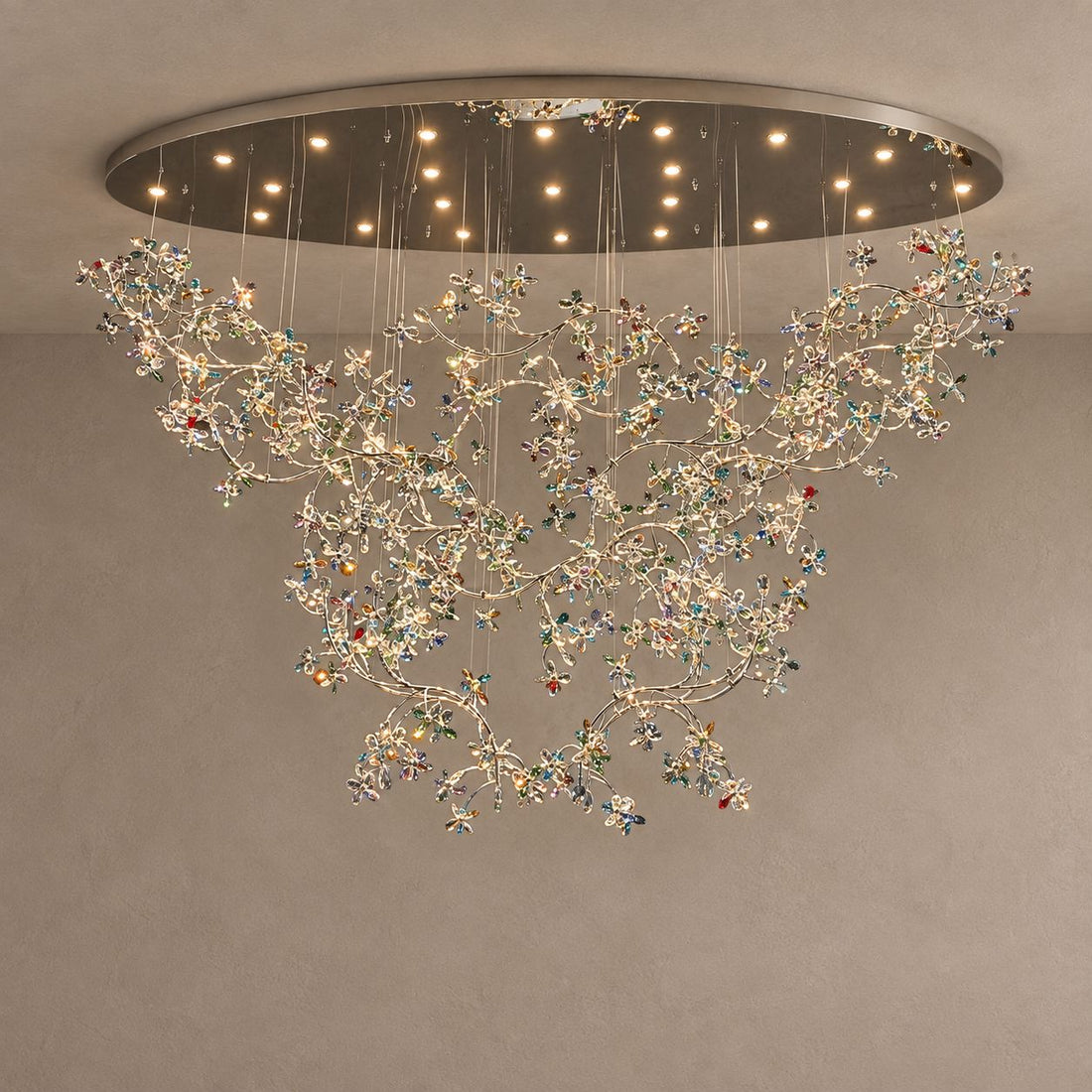 ENCHANTED cascading crystal flower chandelier with a mirrored oval ceiling plate on mushroom taupe