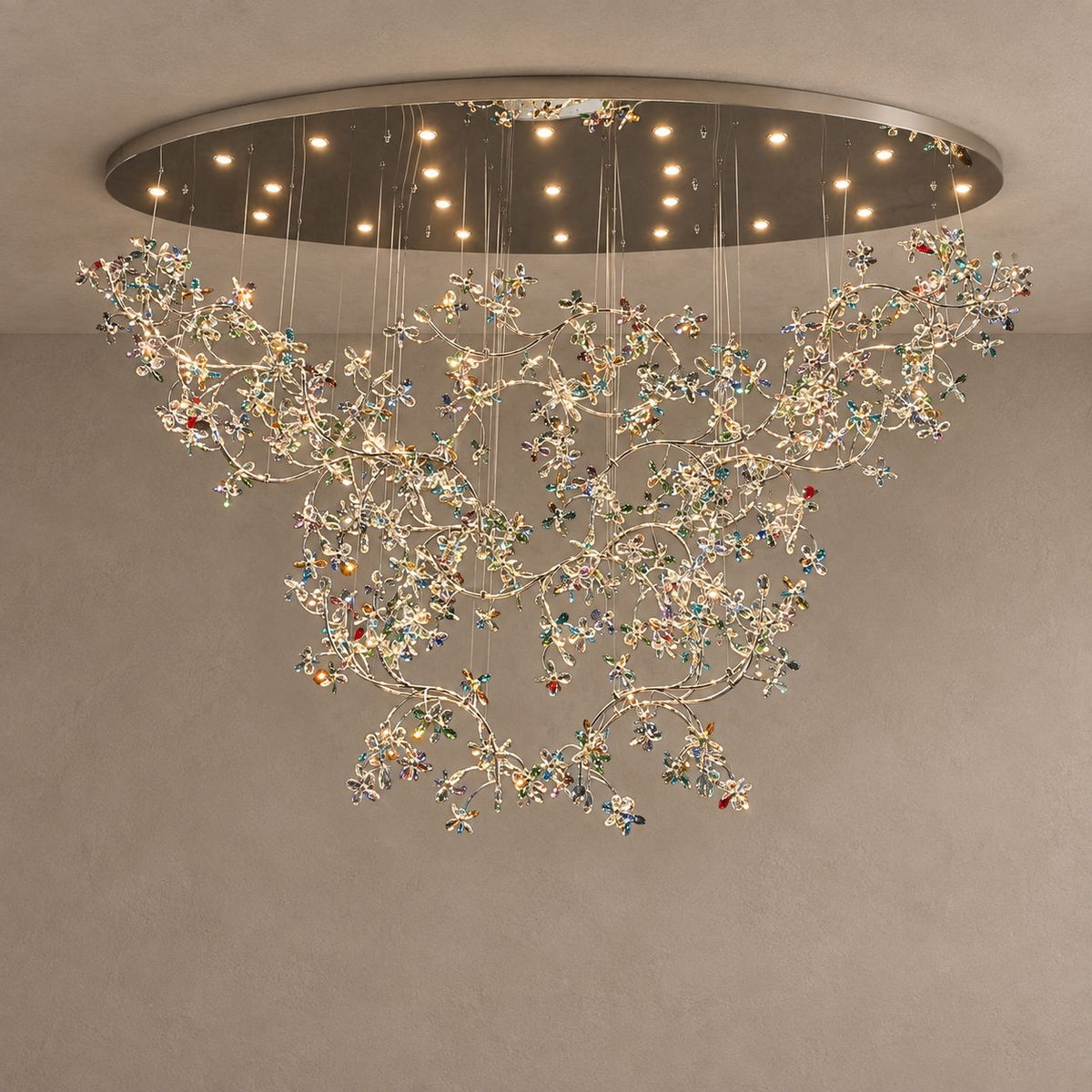 ENCHANTED cascading crystal flower chandelier with a mirrored oval ceiling plate on mushroom taupe