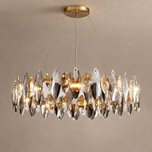 ETHEREAL brass chandelier with faceted crystal drops on mushroom taupe plaster