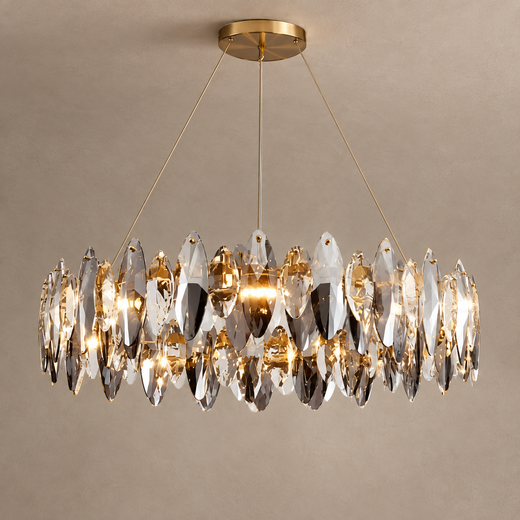 ETHEREAL brass chandelier with faceted crystal drops on mushroom taupe plaster