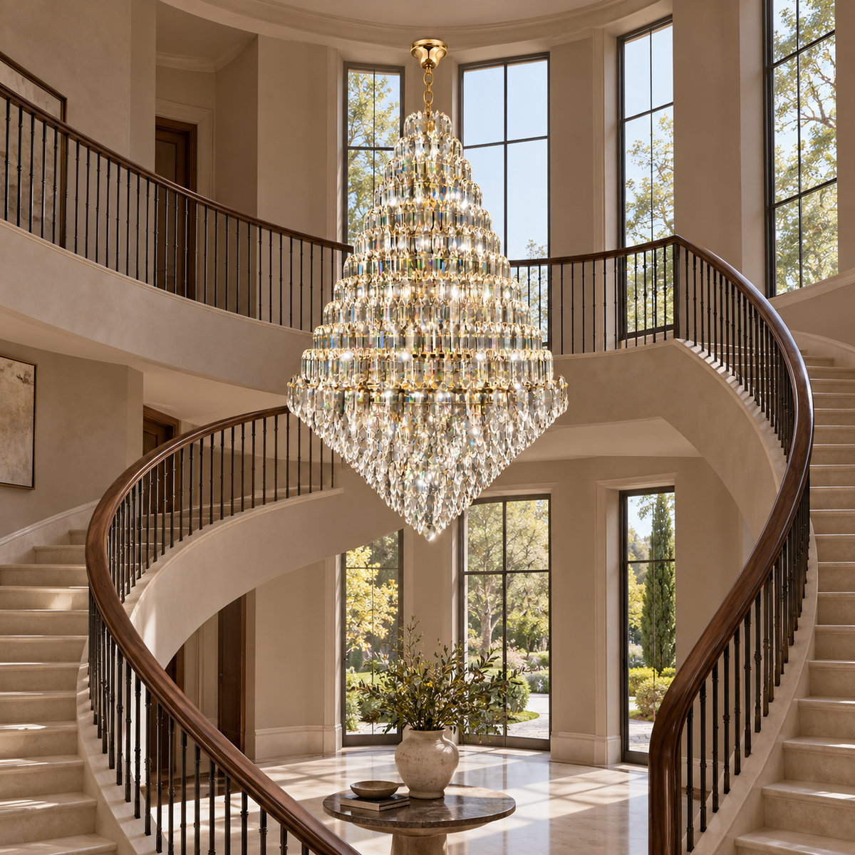 SERAPHINE gold chandelier in a grand curved staircase
