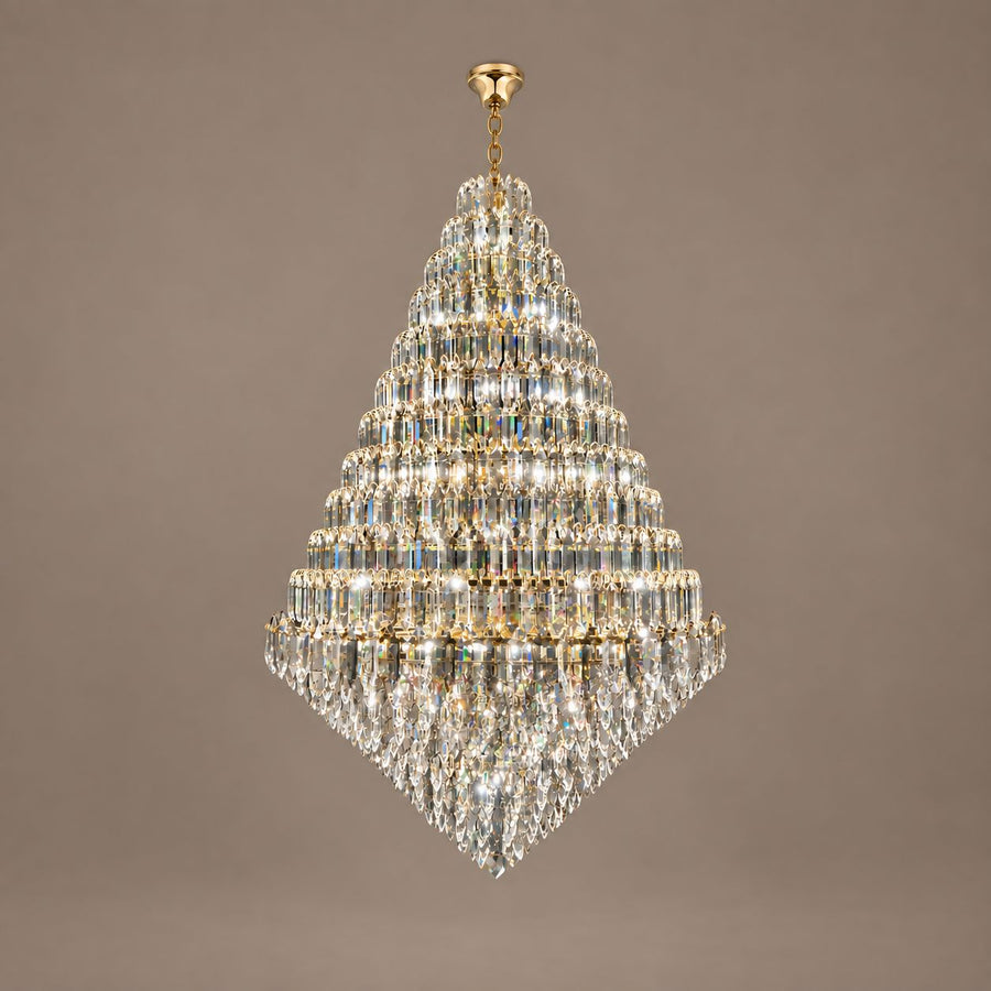 SERAPHINE gold crystal chandelier on a mushroom taupe background