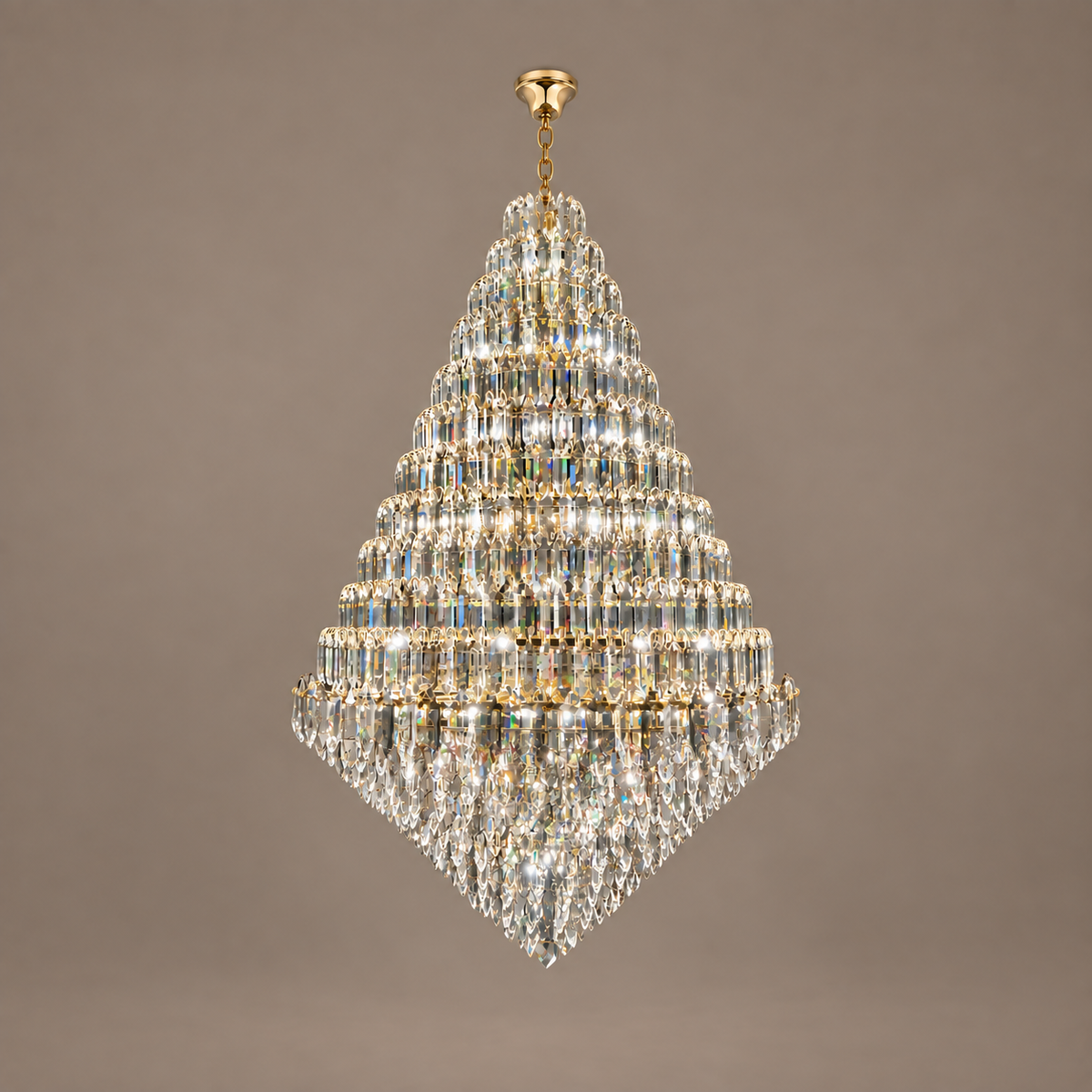 SERAPHINE gold crystal chandelier on a mushroom taupe background