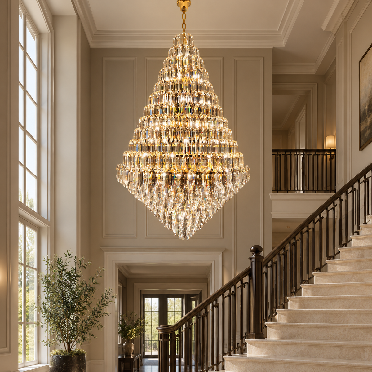 SERAPHINE gold crystal chandelier above a double-height stone staircase