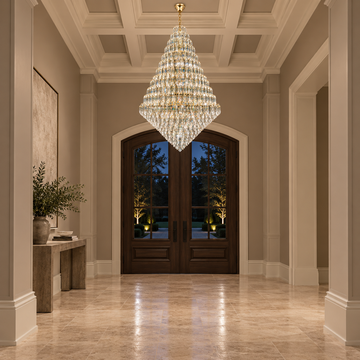 SERAPHINE gold chandelier in a high-ceiling entryway with timber doors