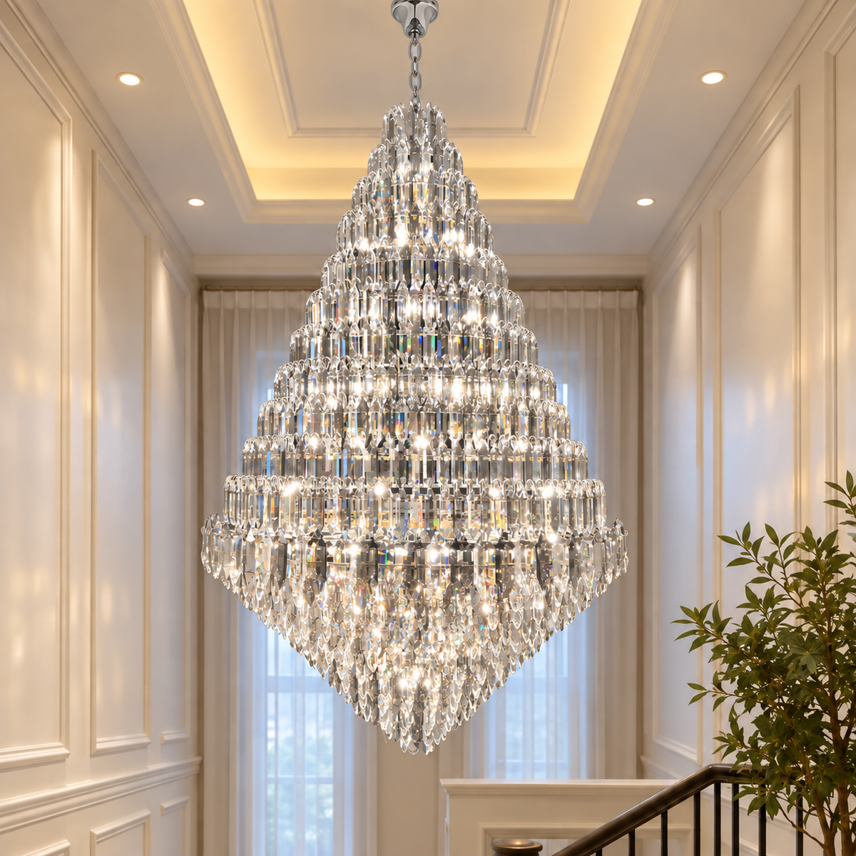 SERAPHINE chrome crystal chandelier in a bright stairwell