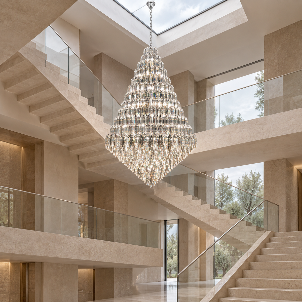 SERAPHINE chrome chandelier in a large multi-level stone staircase