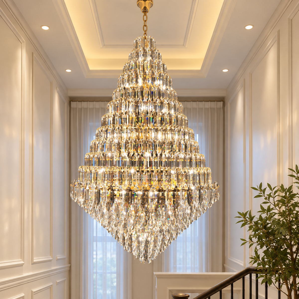 SERAPHINE gold tiered crystal chandelier in a bright stairwell