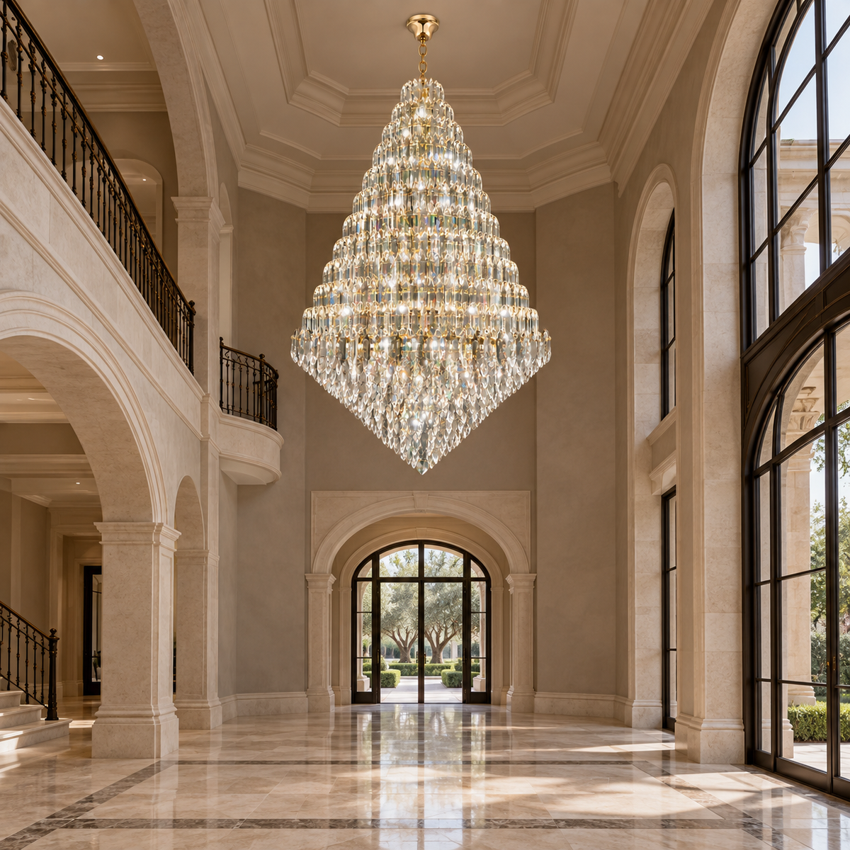 SERAPHINE gold crystal chandelier in a triple-height limestone foyer