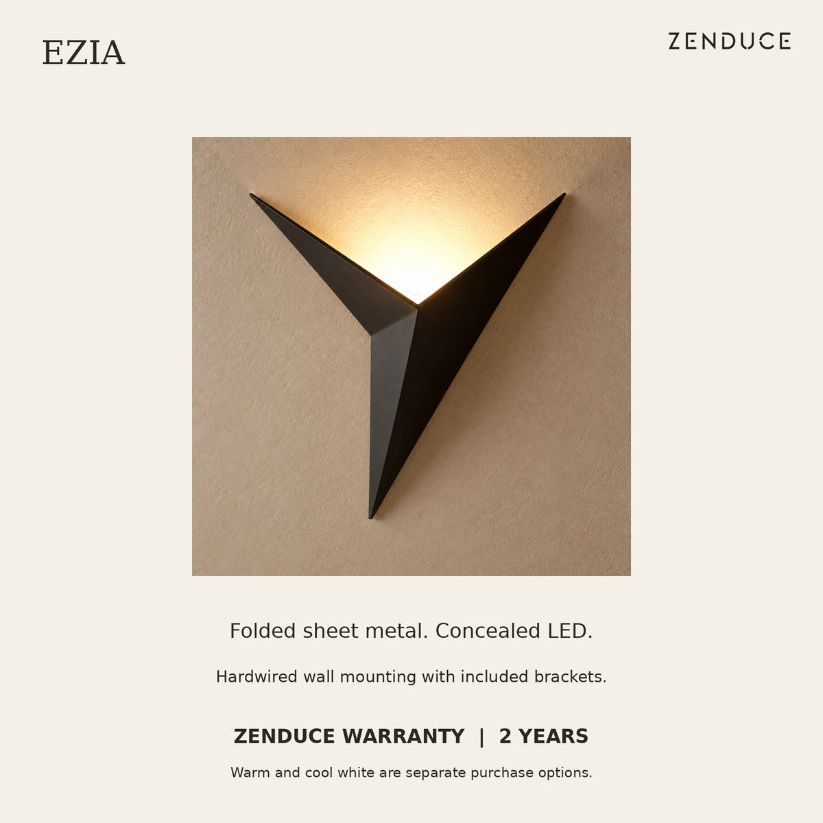 EZIA integrated LED, sheet-metal construction, included mounting brackets and two-year Zenduce warranty