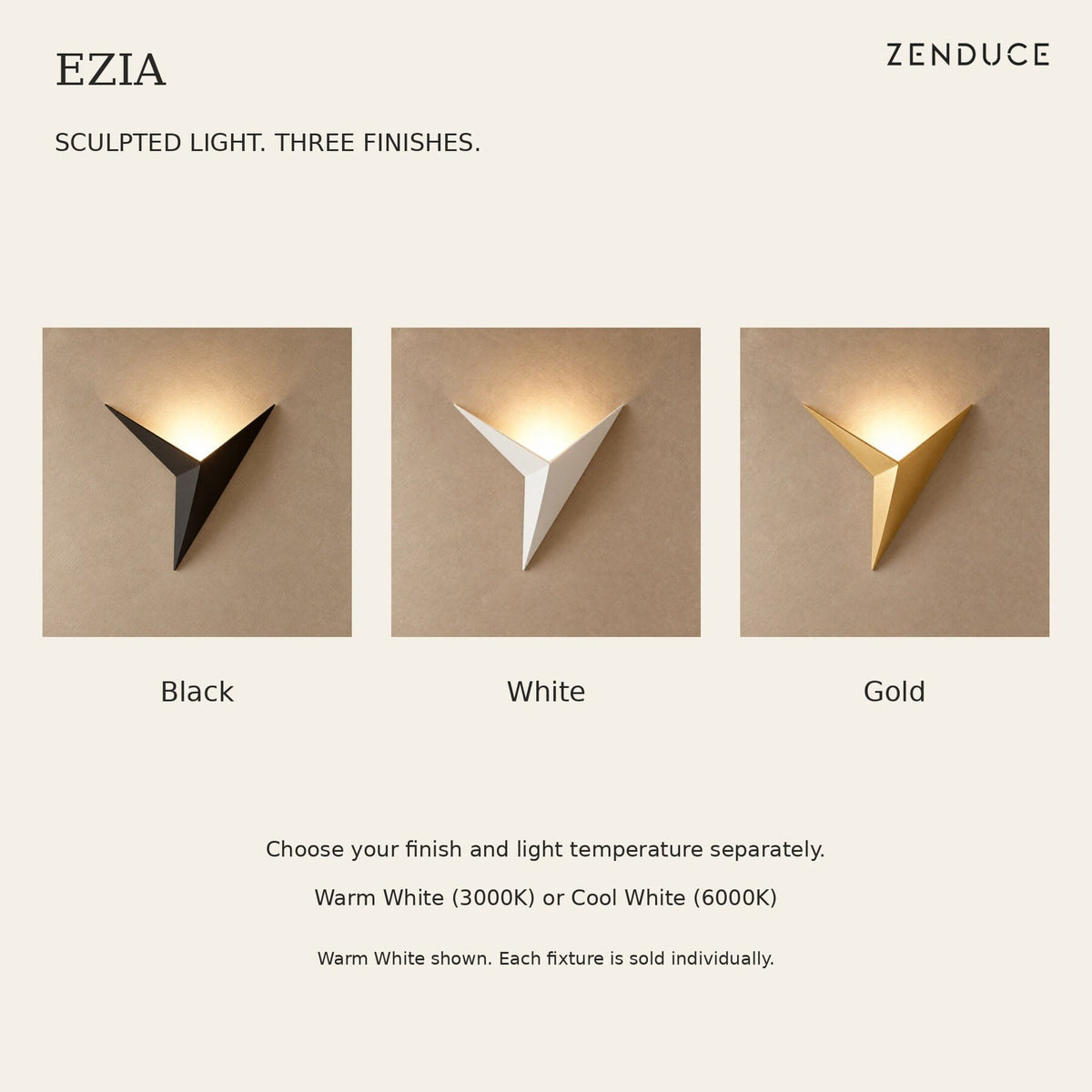 EZIA Black, White and Gold finish comparison with separate light-temperature options