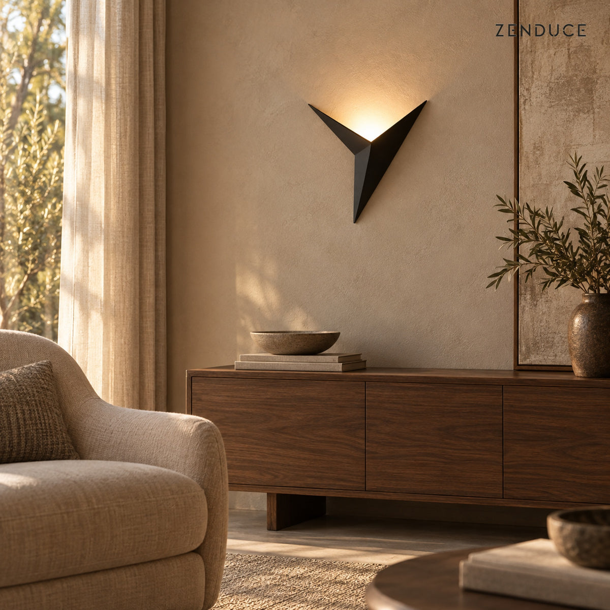 EZIA black wall sconce above a walnut living room console