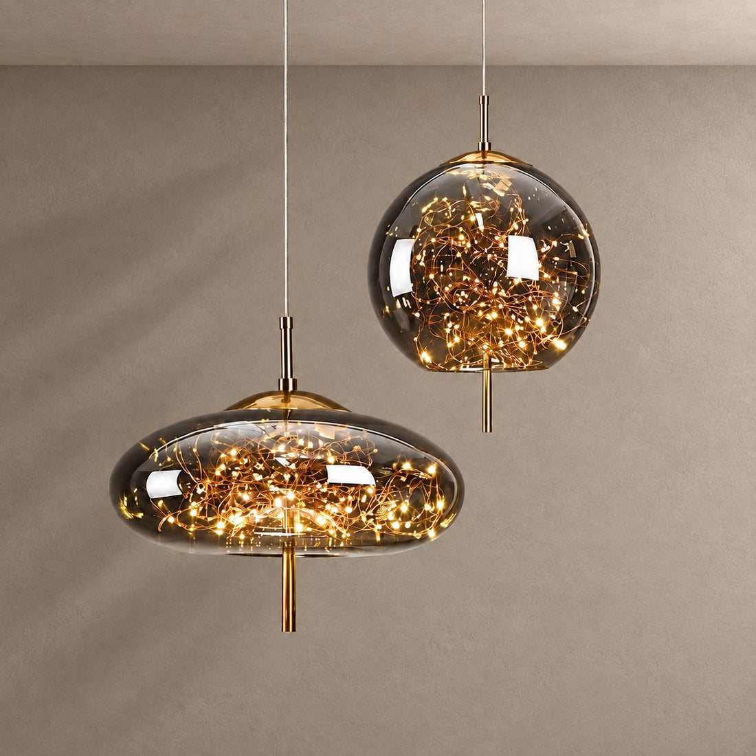 FAIRY lighting with natural shadows against a mushroom taupe background
