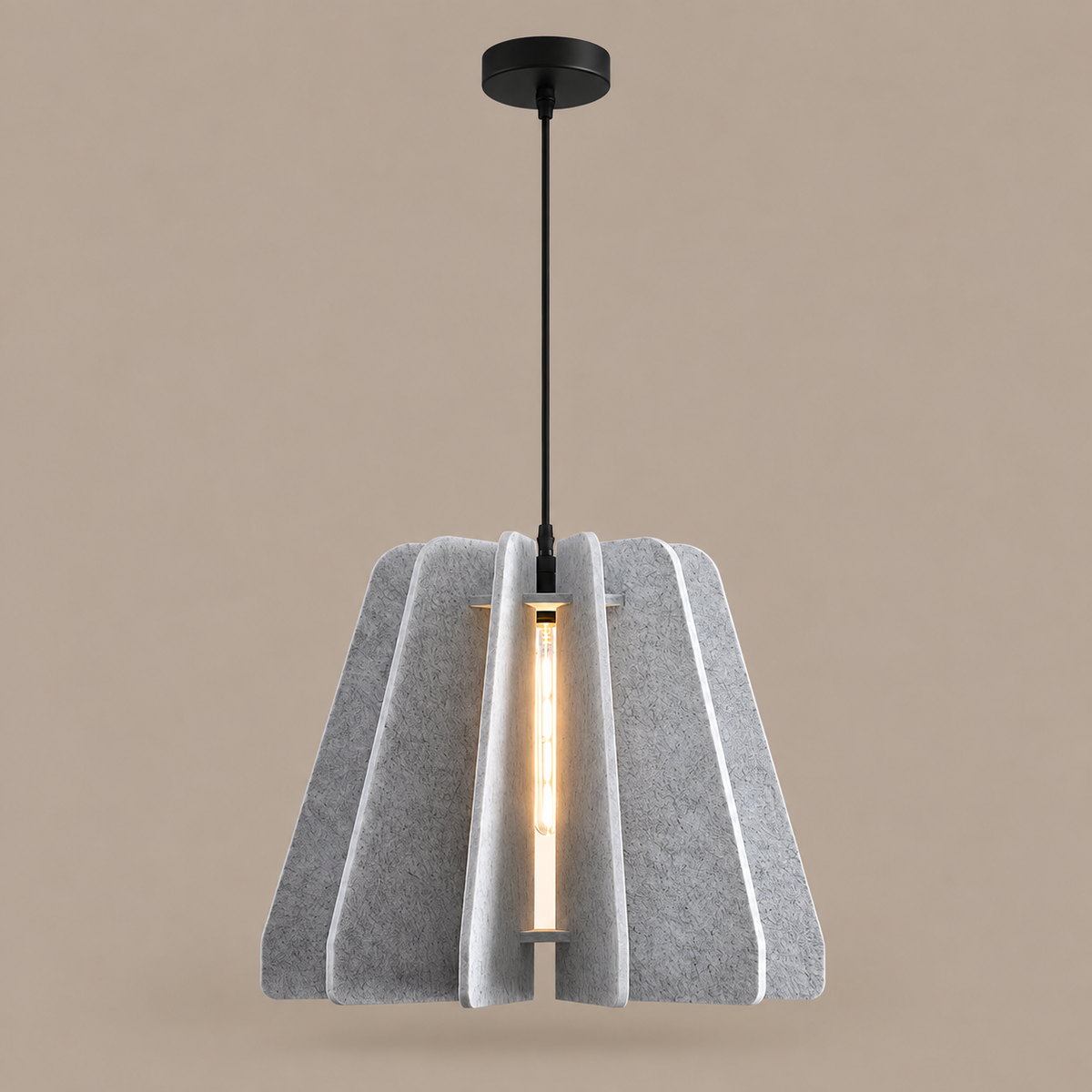FELLA gray PET felt pendant with radial shade panels and black canopy on mushroom taupe