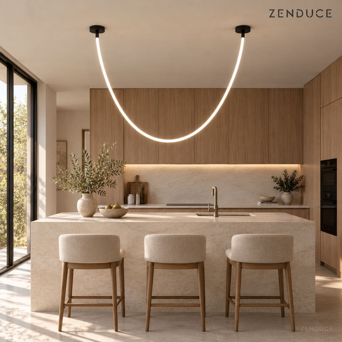 FENNA single curved tube with black mounts above a kitchen island