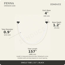 FENNA 157-inch black guide: tube length 157 inches (400 cm) measured along the curve, diameter 0.9 inch (2.2 cm), two bases each 4 inches (10 cm) diameter and 1.2 inches (3 cm) deep; installed span and drop vary with mount spacing