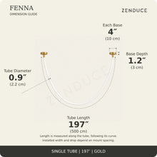 FENNA 197-inch gold guide: tube length 197 inches (500 cm) measured along the curve, diameter 0.9 inch (2.2 cm), two bases each 4 inches (10 cm) diameter and 1.2 inches (3 cm) deep; installed span and drop vary with mount spacing
