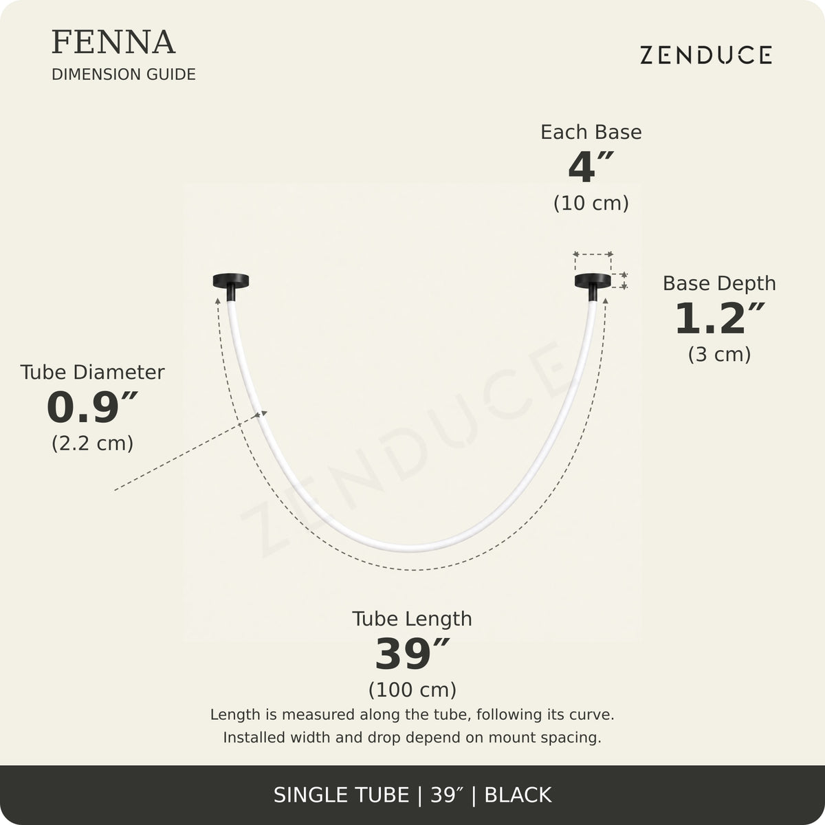 FENNA 39-inch black guide: tube length 39 inches (100 cm) measured along the curve, diameter 0.9 inch (2.2 cm), two bases each 4 inches (10 cm) diameter and 1.2 inches (3 cm) deep; installed span and drop vary with mount spacing