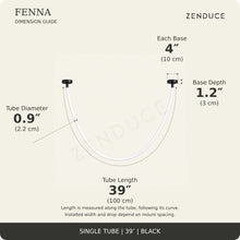 FENNA 39-inch black guide: tube length 39 inches (100 cm) measured along the curve, diameter 0.9 inch (2.2 cm), two bases each 4 inches (10 cm) diameter and 1.2 inches (3 cm) deep; installed span and drop vary with mount spacing