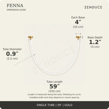 FENNA 59-inch gold guide: tube length 59 inches (150 cm) measured along the curve, diameter 0.9 inch (2.2 cm), two bases each 4 inches (10 cm) diameter and 1.2 inches (3 cm) deep; installed span and drop vary with mount spacing