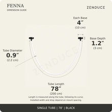 FENNA 78-inch black guide: tube length 78 inches (200 cm) measured along the curve, diameter 0.9 inch (2.2 cm), two bases each 4 inches (10 cm) diameter and 1.2 inches (3 cm) deep; installed span and drop vary with mount spacing