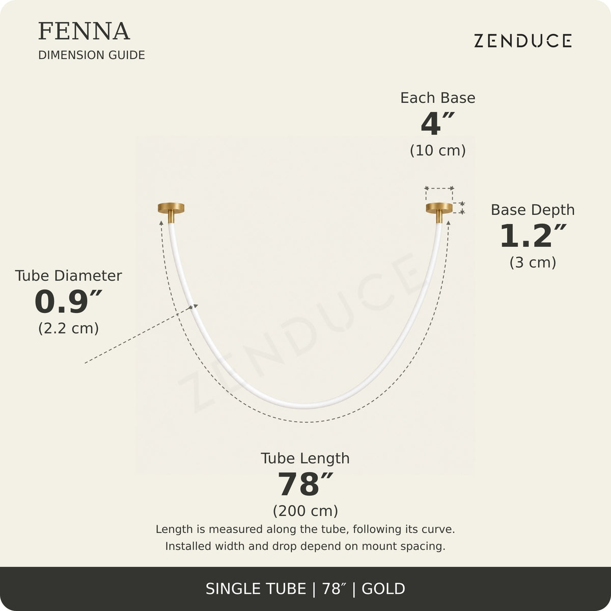 FENNA 78-inch gold guide: tube length 78 inches (200 cm) measured along the curve, diameter 0.9 inch (2.2 cm), two bases each 4 inches (10 cm) diameter and 1.2 inches (3 cm) deep; installed span and drop vary with mount spacing