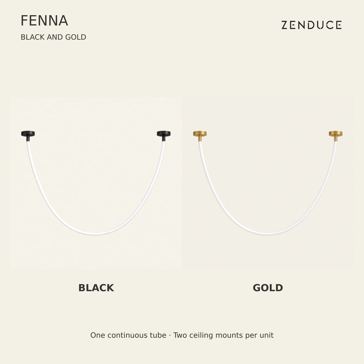 FENNA black and gold hardware finishes with the same continuous curved opal LED tube and two ceiling mounts