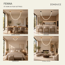 FENNA in four photographic interiors: dining room, kitchen island, bedroom and living room, each showing one continuous curved tube with two ceiling mounts