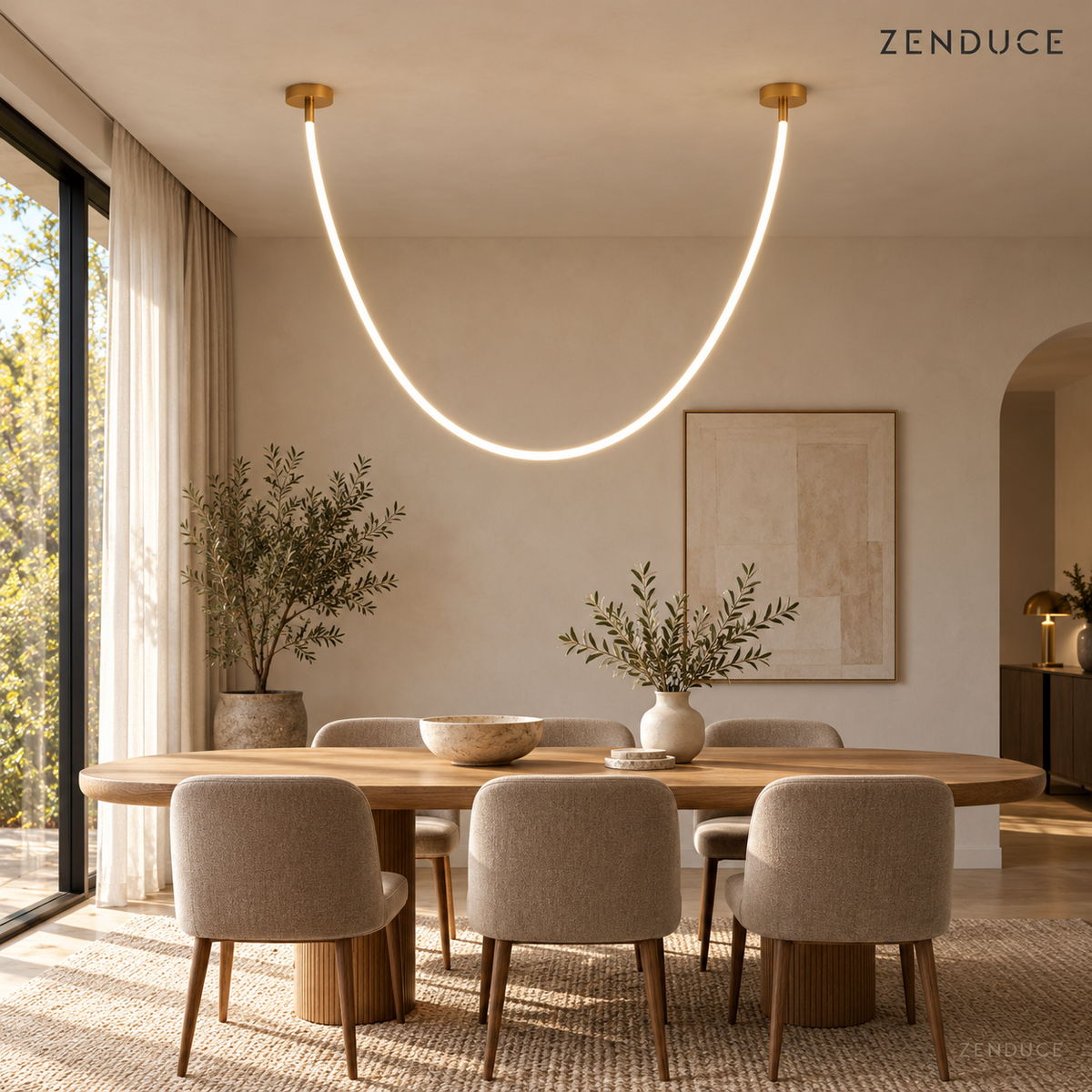 FENNA single U-shaped LED tube with two gold ceiling mounts above an oak dining table